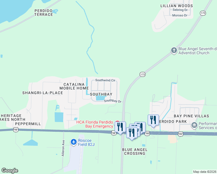 map of restaurants, bars, coffee shops, grocery stores, and more near 2112 Blue Wind Drive in Pensacola