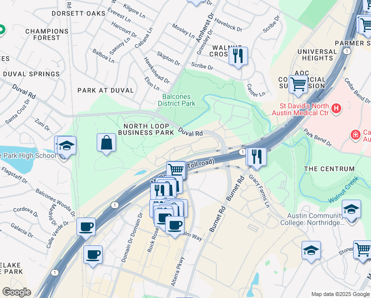 map of restaurants, bars, coffee shops, grocery stores, and more near 3201 Duval Road in Austin
