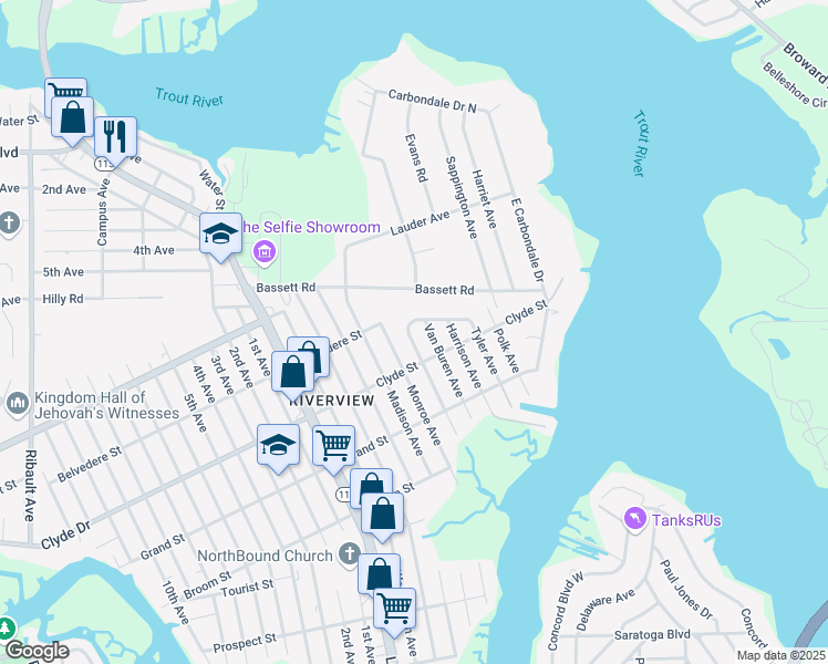 map of restaurants, bars, coffee shops, grocery stores, and more near 9153 Jackson Avenue in Jacksonville