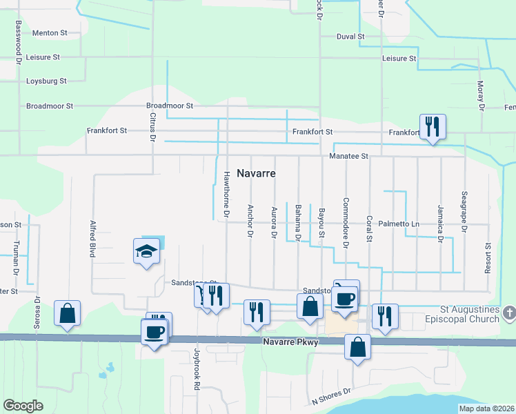 map of restaurants, bars, coffee shops, grocery stores, and more near 2057 Aurora Drive in Navarre