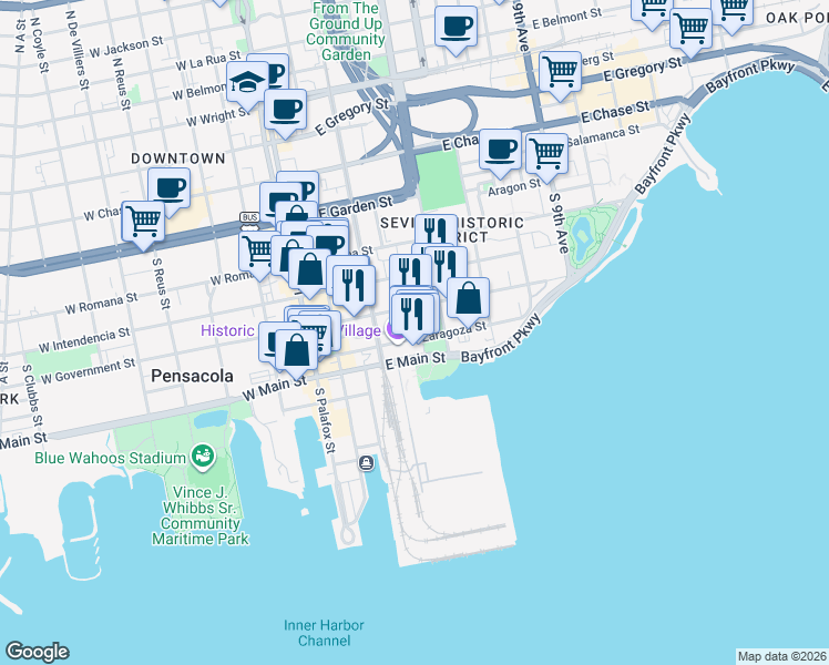 map of restaurants, bars, coffee shops, grocery stores, and more near 405 South Adams Street in Pensacola