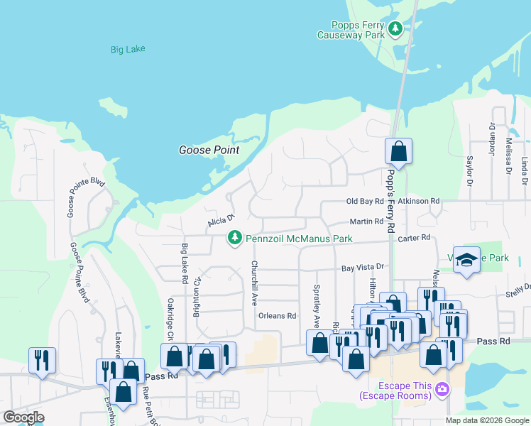 map of restaurants, bars, coffee shops, grocery stores, and more near 412 Walda Drive in Biloxi