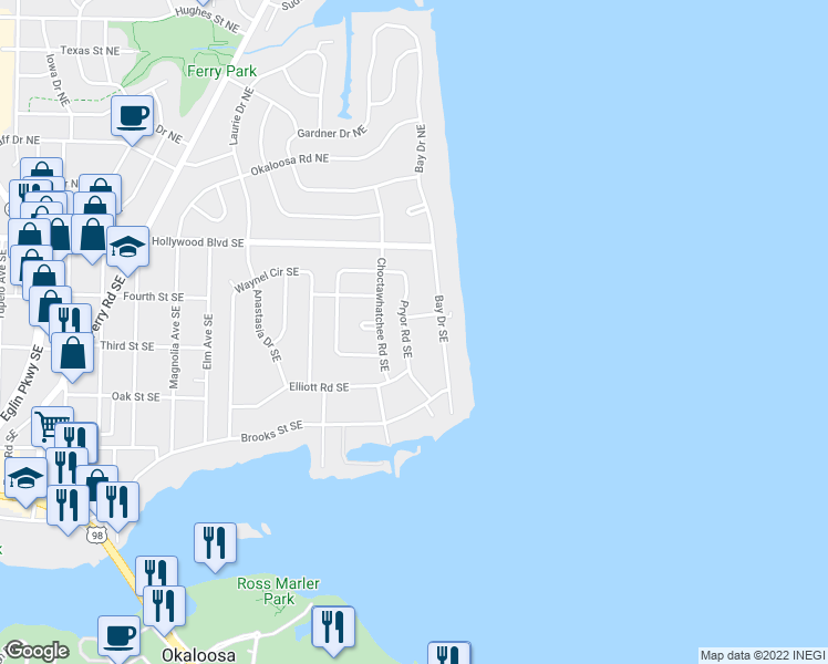 map of restaurants, bars, coffee shops, grocery stores, and more near 25 Pryor Rd SE in Fort Walton Beach