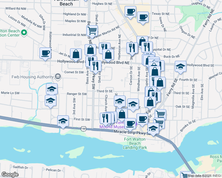 map of restaurants, bars, coffee shops, grocery stores, and more near 36 Chatelaine Circle Southeast in Fort Walton Beach