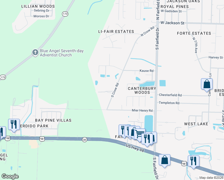 map of restaurants, bars, coffee shops, grocery stores, and more near 205 South Crow Road in Pensacola