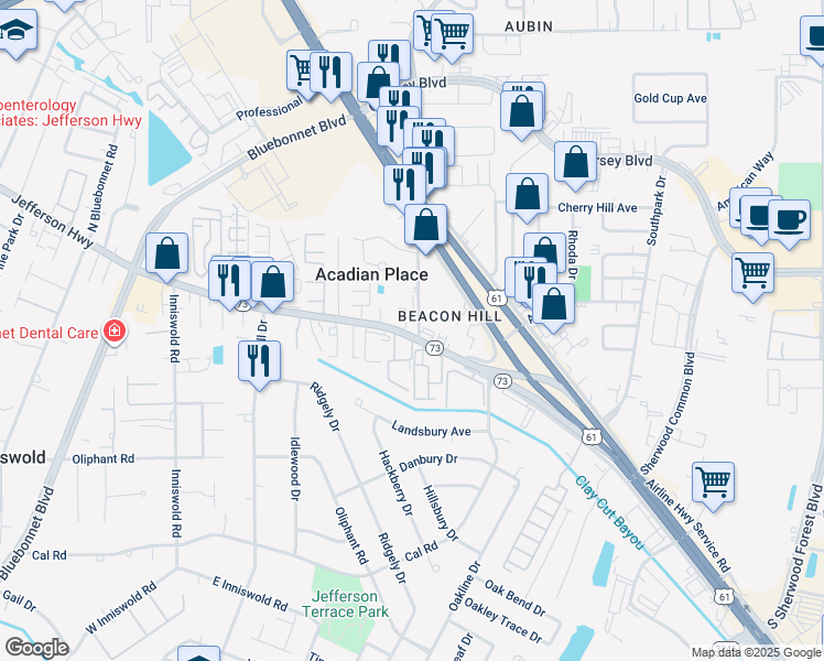 map of restaurants, bars, coffee shops, grocery stores, and more near 10321 Jefferson Highway in Baton Rouge
