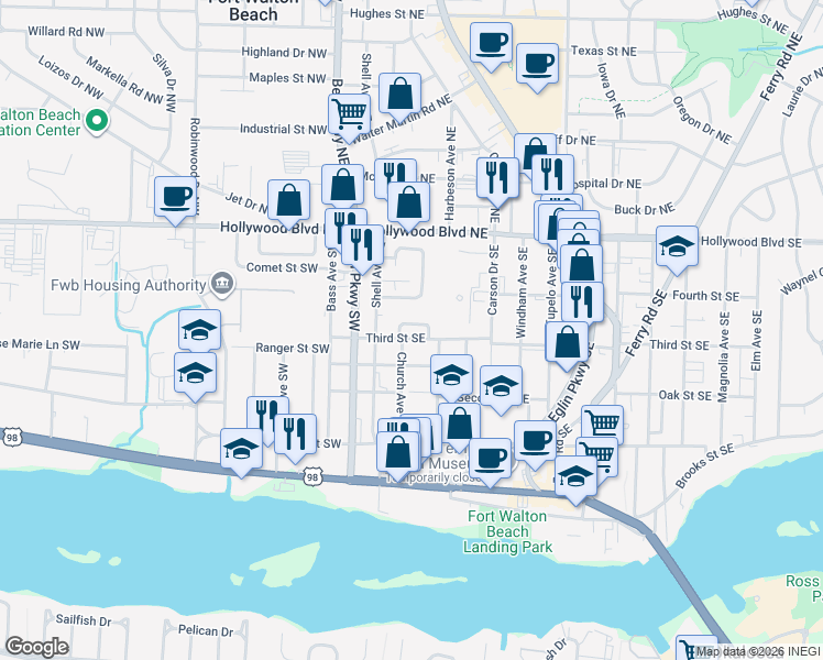 map of restaurants, bars, coffee shops, grocery stores, and more near 17 Chatelaine Circle Southeast in Fort Walton Beach