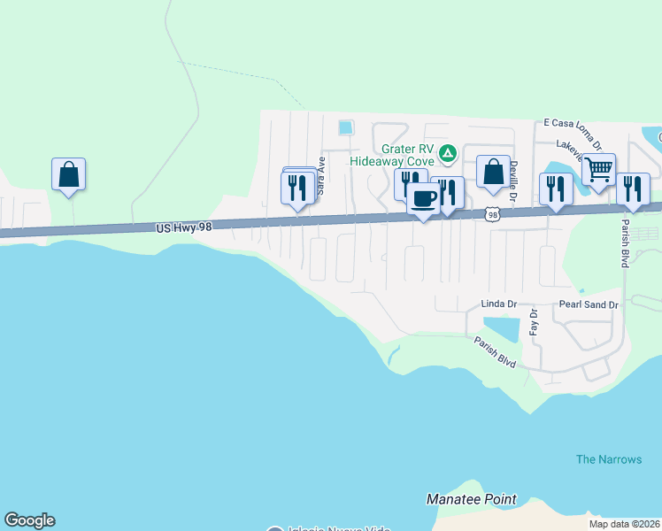 map of restaurants, bars, coffee shops, grocery stores, and more near 427 Sandy Ridge Circle in Mary Esther