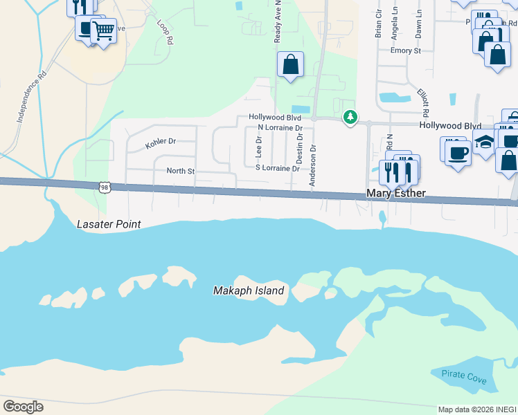 map of restaurants, bars, coffee shops, grocery stores, and more near 369 U.S. 98 in Mary Esther