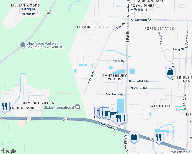 map of restaurants, bars, coffee shops, grocery stores, and more near 8164 Camelford Drive in Pensacola