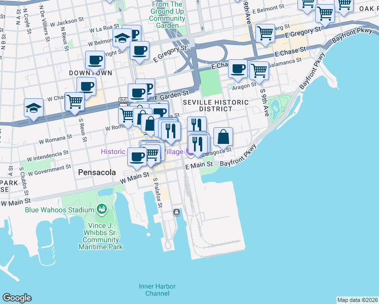 map of restaurants, bars, coffee shops, grocery stores, and more near 203 Church Street in Pensacola