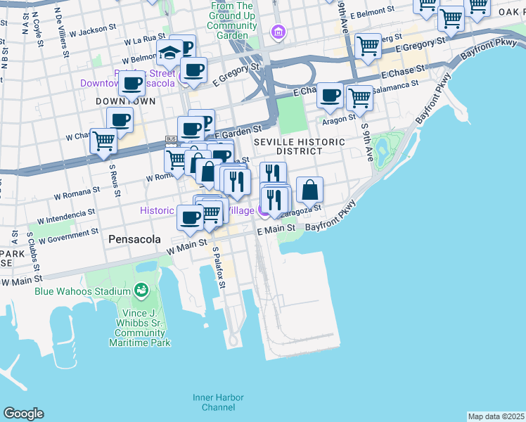 map of restaurants, bars, coffee shops, grocery stores, and more near 203 Church Street in Pensacola