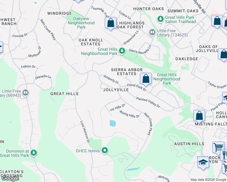map of restaurants, bars, coffee shops, grocery stores, and more near 6101 Rain Creek Parkway in Austin