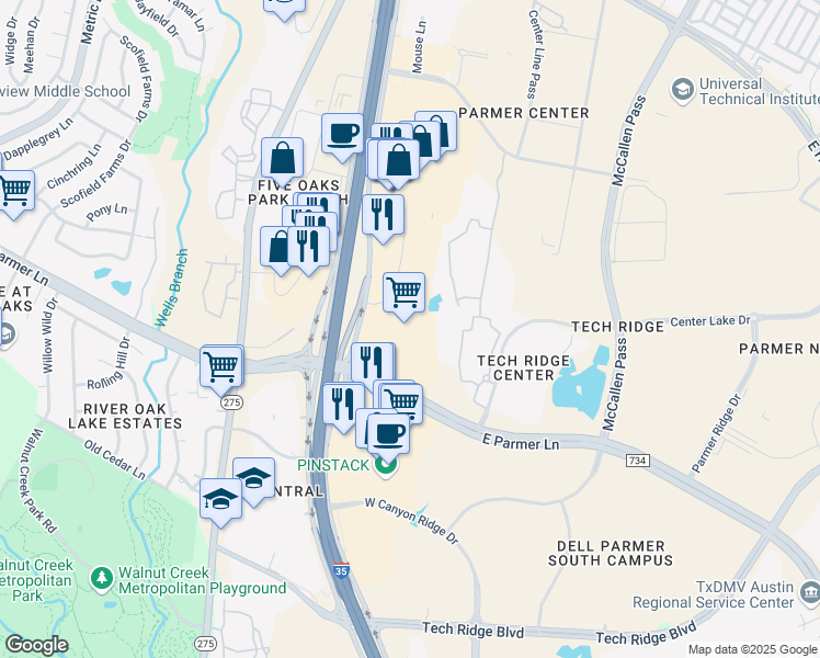map of restaurants, bars, coffee shops, grocery stores, and more near 12625 North Interstate Highway 35 in Austin