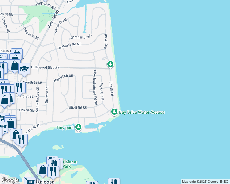 map of restaurants, bars, coffee shops, grocery stores, and more near 25 Bay Drive Southeast in Fort Walton Beach