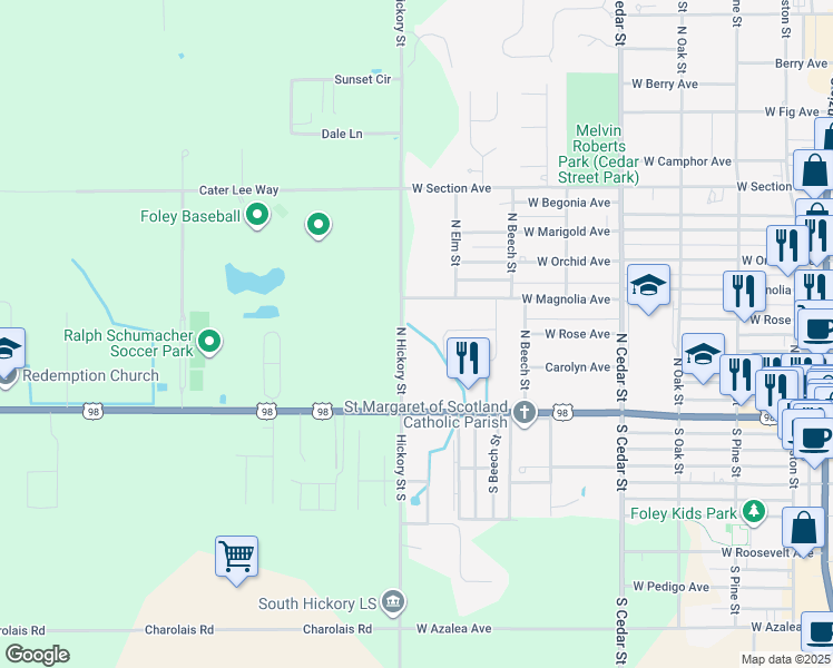 map of restaurants, bars, coffee shops, grocery stores, and more near 45 Magnolia Circle in Foley