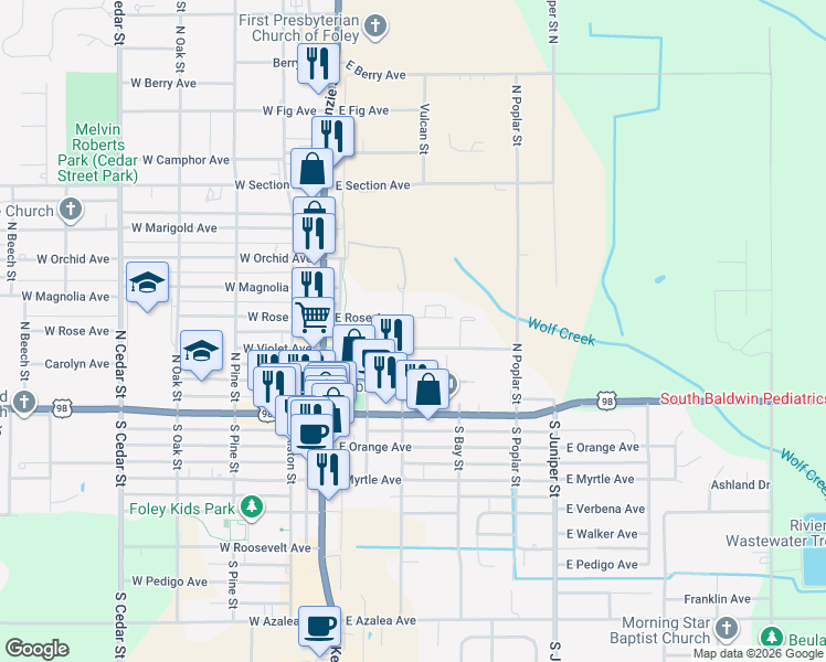 map of restaurants, bars, coffee shops, grocery stores, and more near 304 East Rose Avenue in Foley