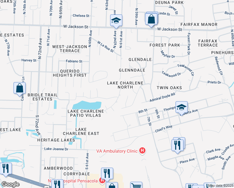 map of restaurants, bars, coffee shops, grocery stores, and more near 6200 Lake Charlene Dr in Pensacola