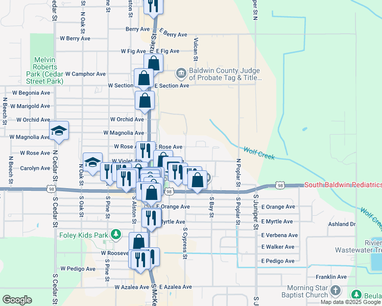 map of restaurants, bars, coffee shops, grocery stores, and more near 304 East Rose Avenue in Foley