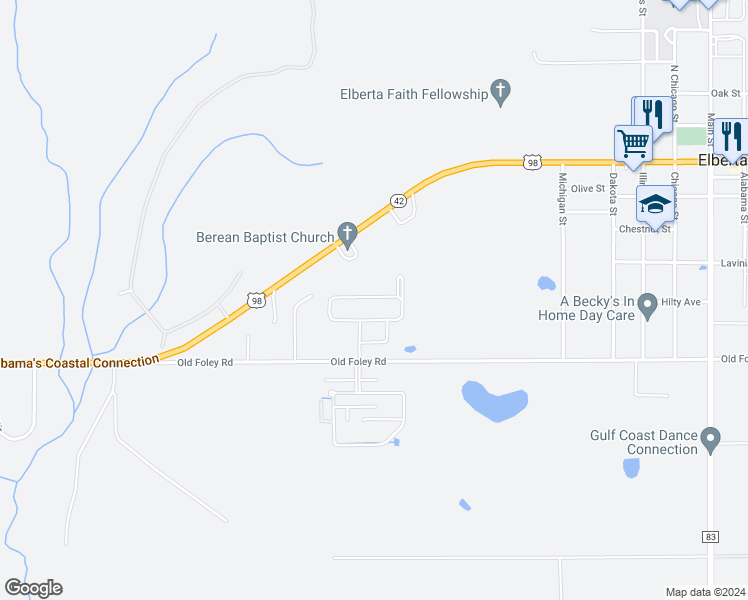 map of restaurants, bars, coffee shops, grocery stores, and more near 24337 Ringneck Loop in Elberta