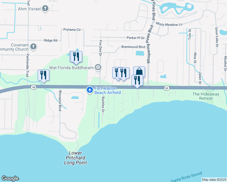 map of restaurants, bars, coffee shops, grocery stores, and more near 1933 Jessica Way in Navarre
