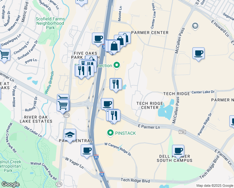 map of restaurants, bars, coffee shops, grocery stores, and more near 12325 North Interstate 35 Frontage Road in Austin