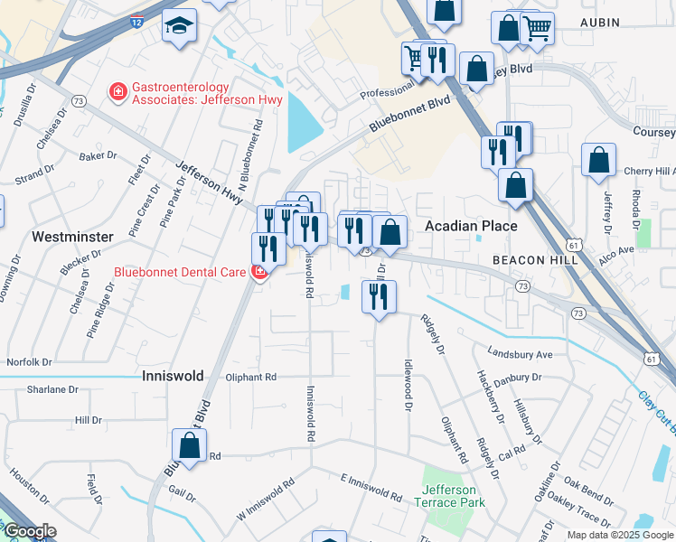map of restaurants, bars, coffee shops, grocery stores, and more near 4343 Rue De Belle Maison in Baton Rouge