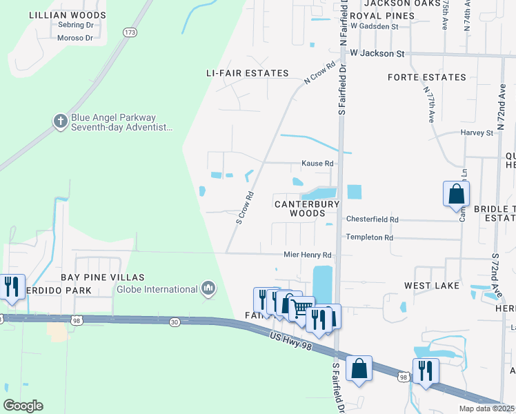 map of restaurants, bars, coffee shops, grocery stores, and more near 8164 Camelford Drive in Pensacola