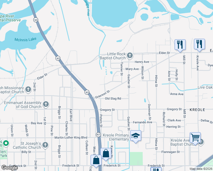 map of restaurants, bars, coffee shops, grocery stores, and more near 4708 McFarlane Street in Moss Point
