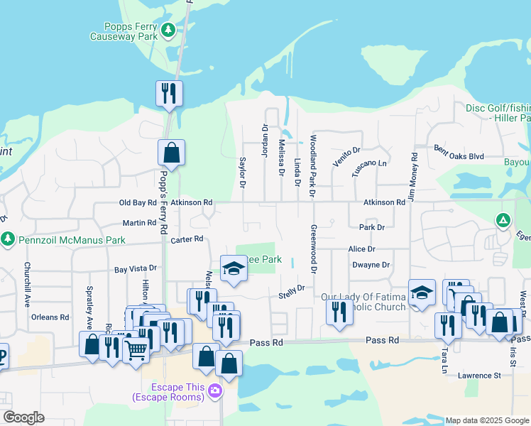 map of restaurants, bars, coffee shops, grocery stores, and more near 398 Rosalie Maria Drive in Biloxi
