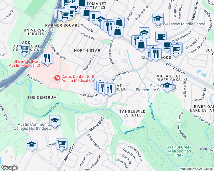 map of restaurants, bars, coffee shops, grocery stores, and more near 2000 Cedar Bend Drive in Austin