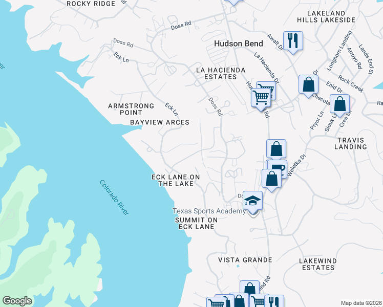 map of restaurants, bars, coffee shops, grocery stores, and more near 16300 Sydney Carol Lane in Austin