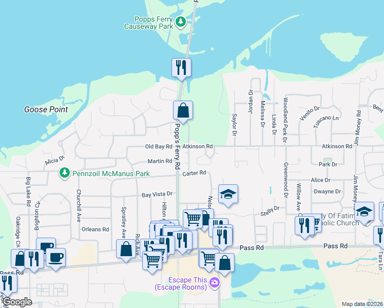 map of restaurants, bars, coffee shops, grocery stores, and more near 2386 Merlin Cove in Biloxi
