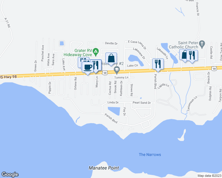 map of restaurants, bars, coffee shops, grocery stores, and more near 25 Cactus Road in Mary Esther