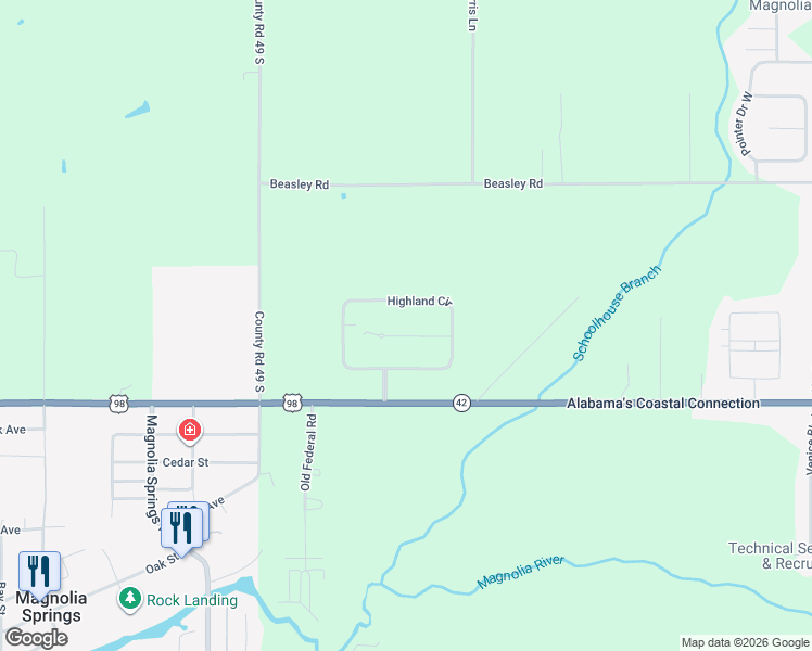 map of restaurants, bars, coffee shops, grocery stores, and more near 15327 Highland Circle in Foley