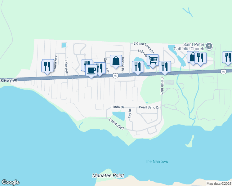 map of restaurants, bars, coffee shops, grocery stores, and more near 25 Cactus Road in Mary Esther