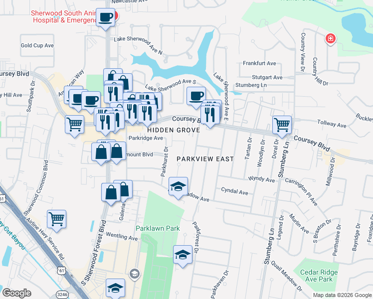 map of restaurants, bars, coffee shops, grocery stores, and more near 12034 Yellowwood Avenue in Baton Rouge