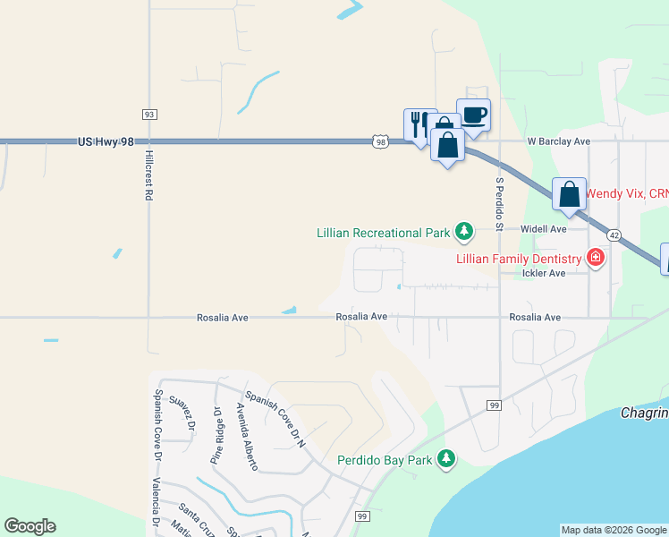map of restaurants, bars, coffee shops, grocery stores, and more near 33553 Rosalia Avenue in Lillian