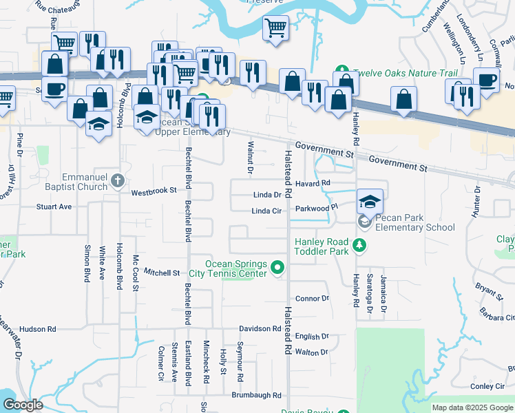 map of restaurants, bars, coffee shops, grocery stores, and more near 217 Linda Drive in Ocean Springs