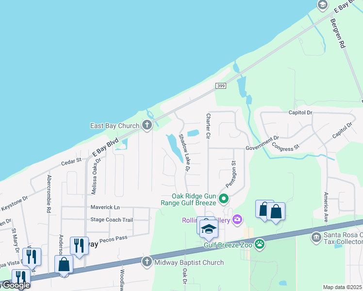 map of restaurants, bars, coffee shops, grocery stores, and more near 2025 Shadow Lake Drive in Gulf Breeze