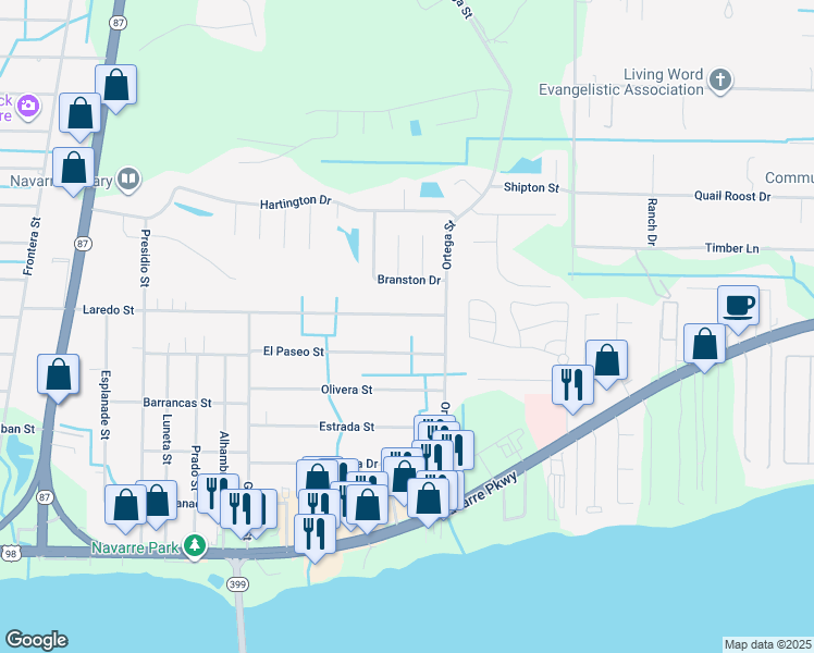 map of restaurants, bars, coffee shops, grocery stores, and more near 8749 Laredo Street in Navarre