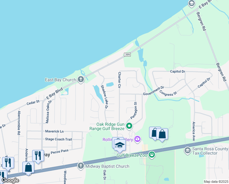 map of restaurants, bars, coffee shops, grocery stores, and more near 5595 Millbend Place in Gulf Breeze