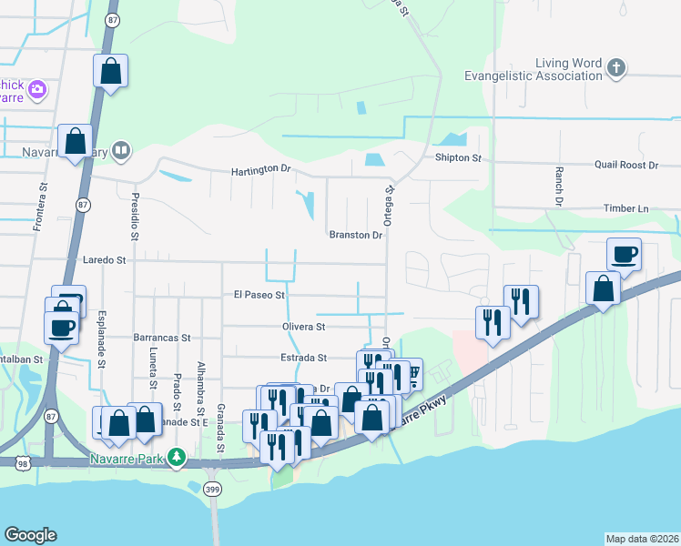 map of restaurants, bars, coffee shops, grocery stores, and more near 8733 Laredo Street in Navarre