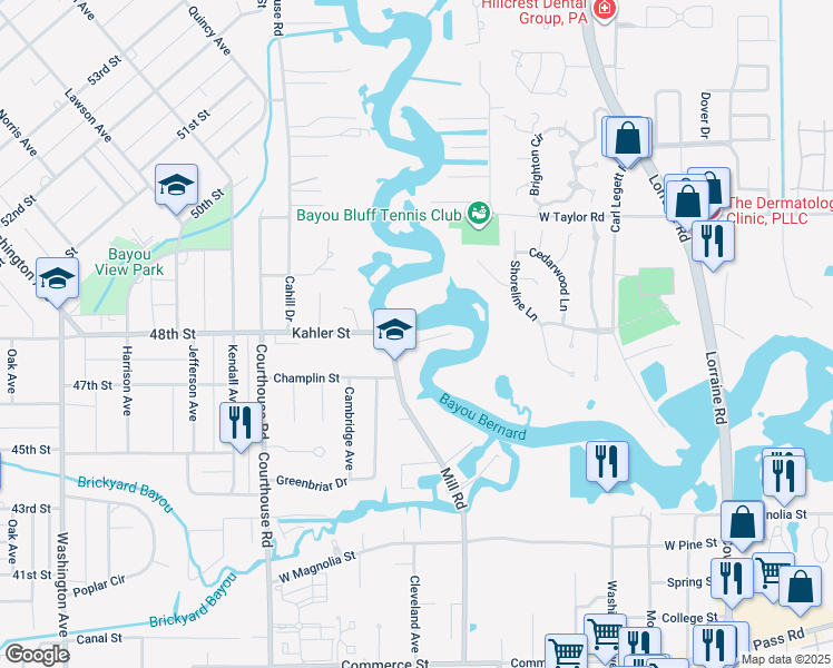 map of restaurants, bars, coffee shops, grocery stores, and more near 13 Rivers Bend Drive in Gulfport