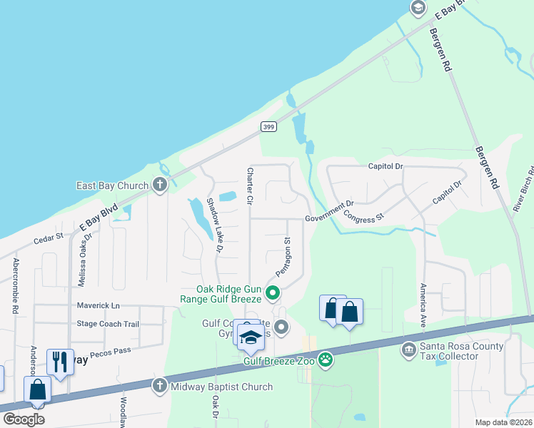 map of restaurants, bars, coffee shops, grocery stores, and more near 5624 Government Drive in Gulf Breeze