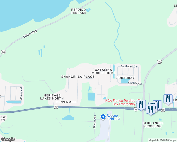map of restaurants, bars, coffee shops, grocery stores, and more near 9819 Loquat Drive in Pensacola
