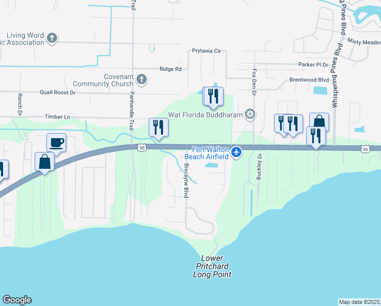 map of restaurants, bars, coffee shops, grocery stores, and more near 9300 Vandivere Drive in Navarre
