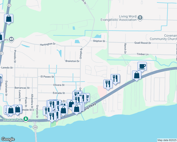 map of restaurants, bars, coffee shops, grocery stores, and more near 8773 Brown Pelican Circle in Navarre