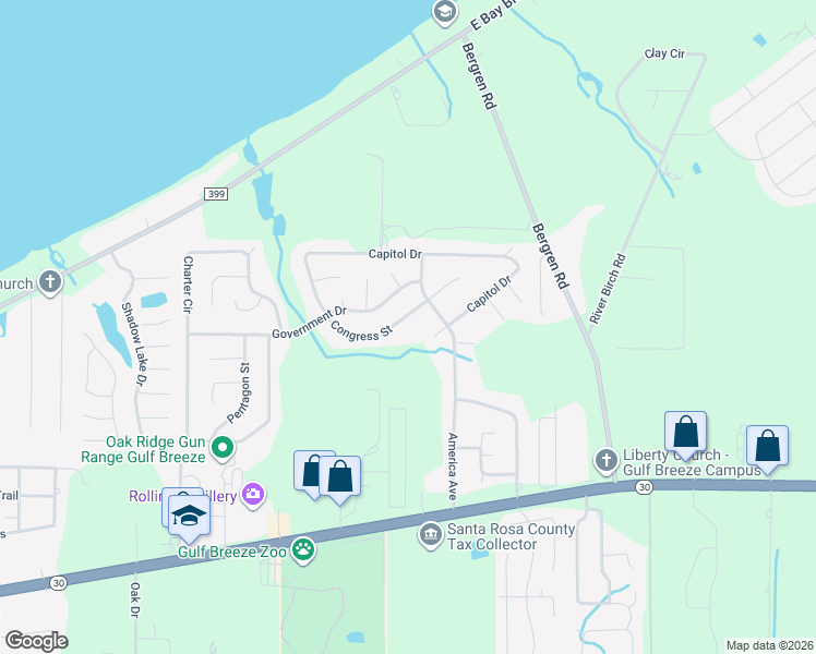 map of restaurants, bars, coffee shops, grocery stores, and more near 5859 Congress Street in Gulf Breeze