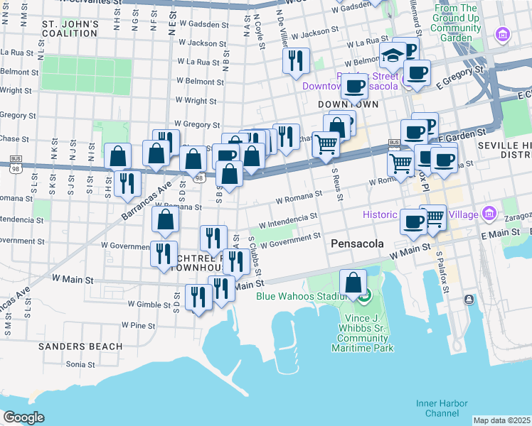map of restaurants, bars, coffee shops, grocery stores, and more near in Pensacola